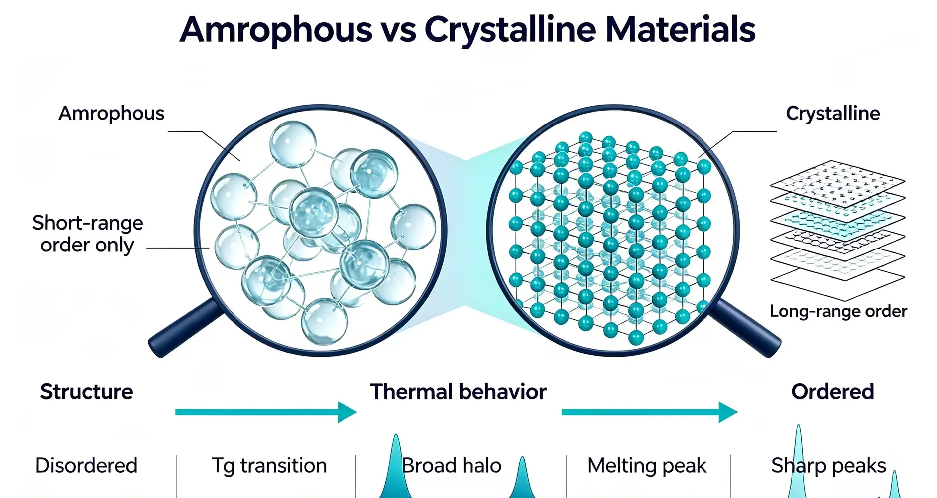 Amorphous vs crystalline materials comparison showing disordered structure, ordered lattice, thermal behavior, broad halo and sharp XRD peaks