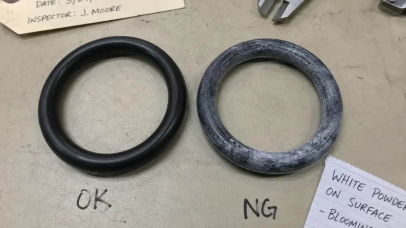 Comparison of a clean NBR seal and a seal affected by white powder blooming