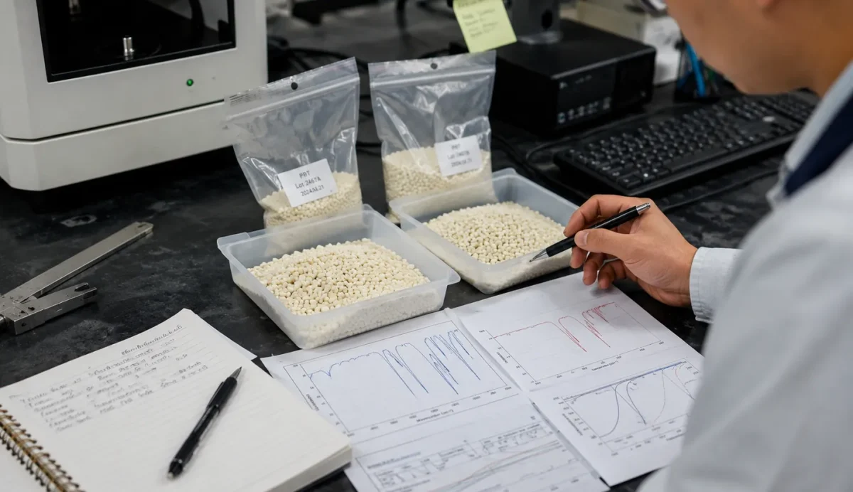 Laboratory analysis of PBT plastic materials comparing resin samples, FTIR spectra, and DSC thermal testing results to identify hidden formulation differences
