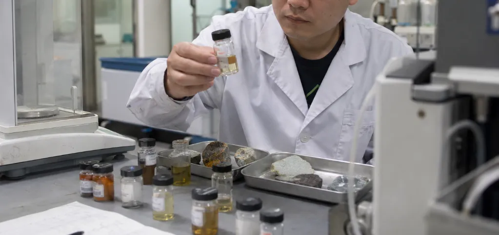 Laboratory analyst examining a flotation reagent sample
