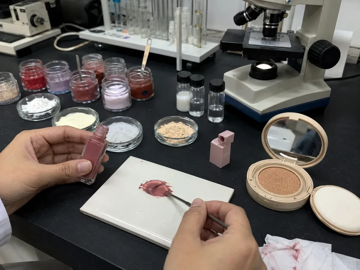 Matte lip glaze and cushion foundation formulation analysis in a cosmetics laboratory