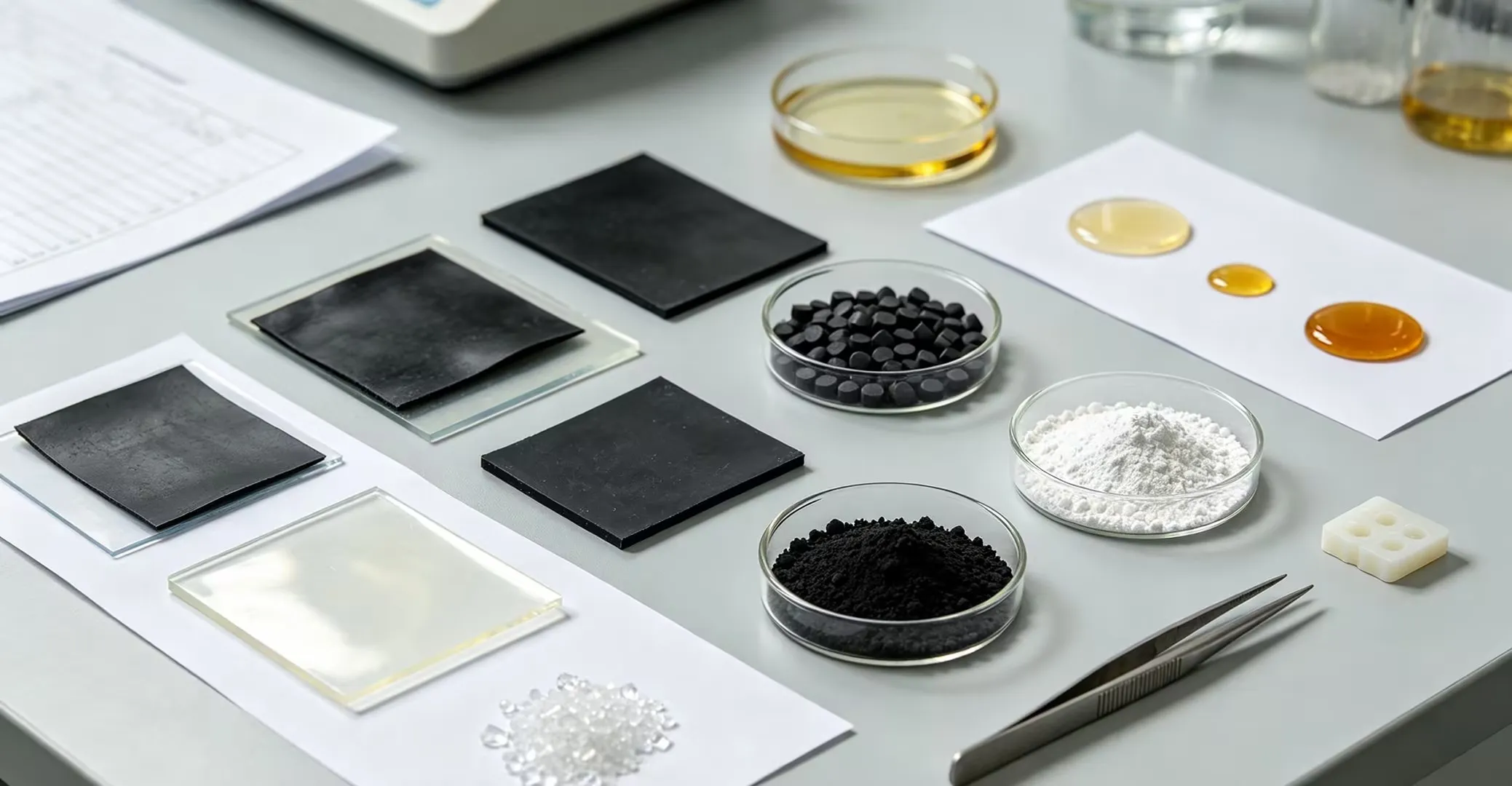 Rubber materials, elastomer compounds, fillers, oils, curing systems, and additives.
