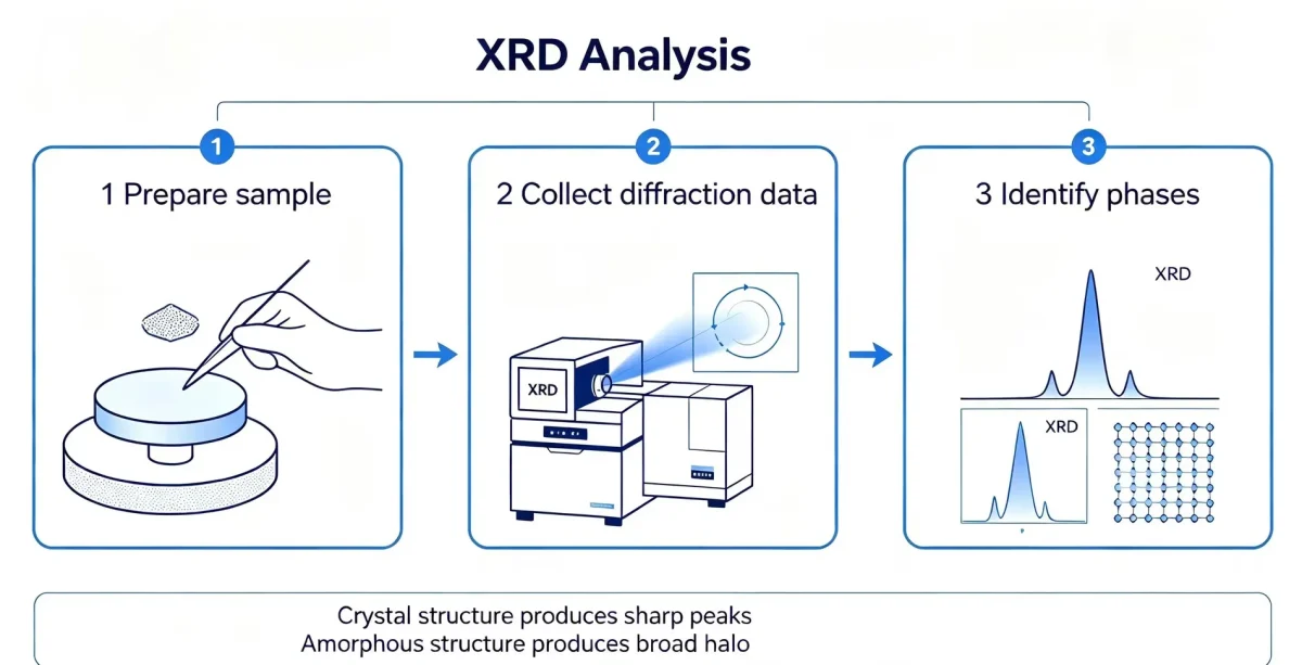 XRD analysis workflow showing sample preparation, diffraction data collection, phase identification, sharp crystal peaks and broad amorphous halo