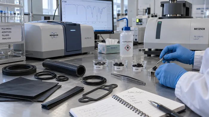 Chemical analysis of rubber using FTIR, TGA, and laboratory sample preparation for elastomer, additive, and filler identification