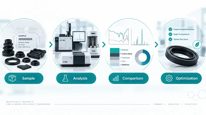 Chemical analysis of rubber workflow from sample testing and composition comparison to formulation optimization