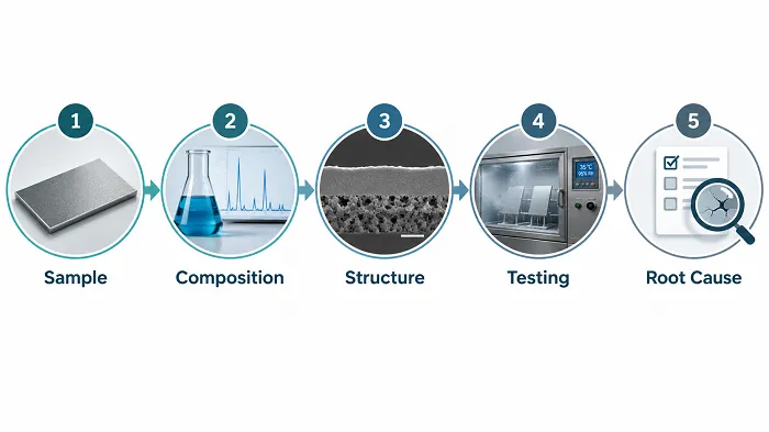 Coating analysis workflow from sample characterization and composition testing to structure evaluation, performance testing, and root cause diagnosis