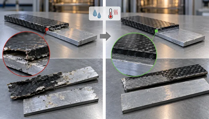 Comparison of polyurethane adhesive interfacial failure and improved cohesive bonding after hygrothermal aging