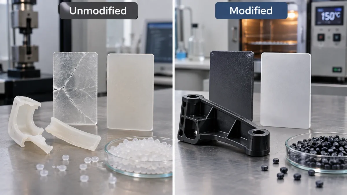 Comparison of unmodified and modified plastic samples illustrating plastic toughening and formulation development