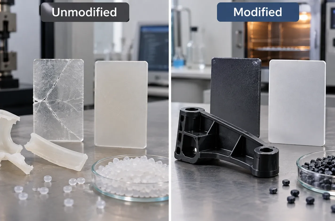 Comparison of unmodified and modified plastic samples illustrating plastic toughening and formulation development