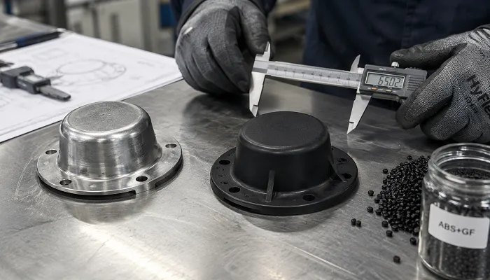 Metal to plastic conversion showing a metal dust cover and an ABS GF plastic component during material evaluation