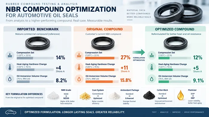 NBR rubber compound optimization showing improved compression set, heat aging stability, and oil resistance after formulation analysis