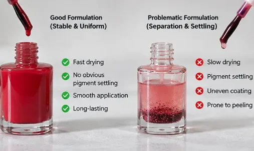 Nail polish formulation comparison showing fast drying and stable pigment dispersion versus slow drying, settling and peeling