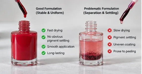 Nail polish formulation comparison showing fast drying and stable pigment dispersion versus slow drying, settling and peeling