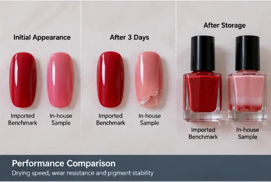 Performance comparison of imported and in house nail polish showing wear resistance and pigment stability differences
