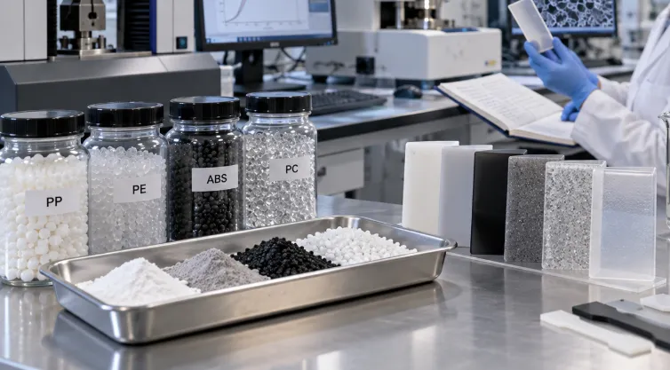 Plastic modification laboratory with polymer pellets, additives, material samples and mechanical testing equipment