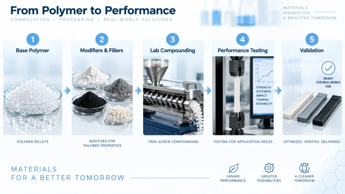 Plastic modification workflow from base polymer selection and additives to laboratory compounding, performance testing and formulation validation