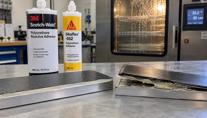 Polyurethane adhesive testing with bonded composite and aluminum samples before and after hygrothermal failure