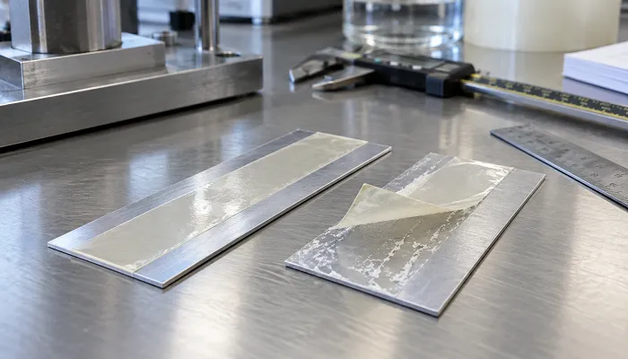 Pressure sensitive adhesive peel testing on stainless steel showing adhesive residue and clean removal