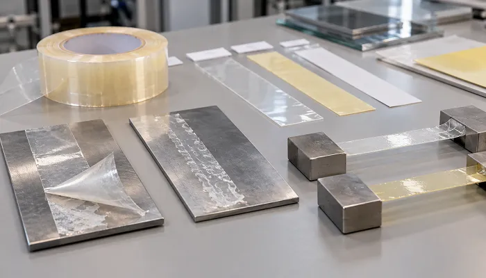 Pressure sensitive adhesive tape samples prepared for peel, tack and shear testing