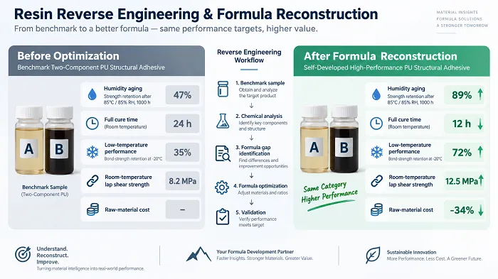 Resin reverse engineering and formula reconstruction results showing improved humidity aging, faster curing, better low temperature adhesion, higher bond strength, and lower raw material cost