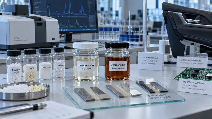 Resin reverse engineering laboratory analyzing two component polyurethane adhesive formulations, polyols, isocyanates, additives, and bonded samples