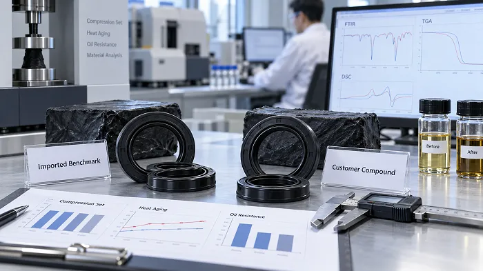 Rubber compound testing and analysis comparing imported and customer NBR oil seal compounds for compression set, heat aging, and oil resistance