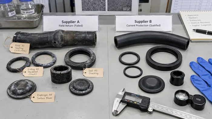 Rubber failure analysis comparing failed and qualified supplier samples with cracking, swelling, hardening, and surface blooming