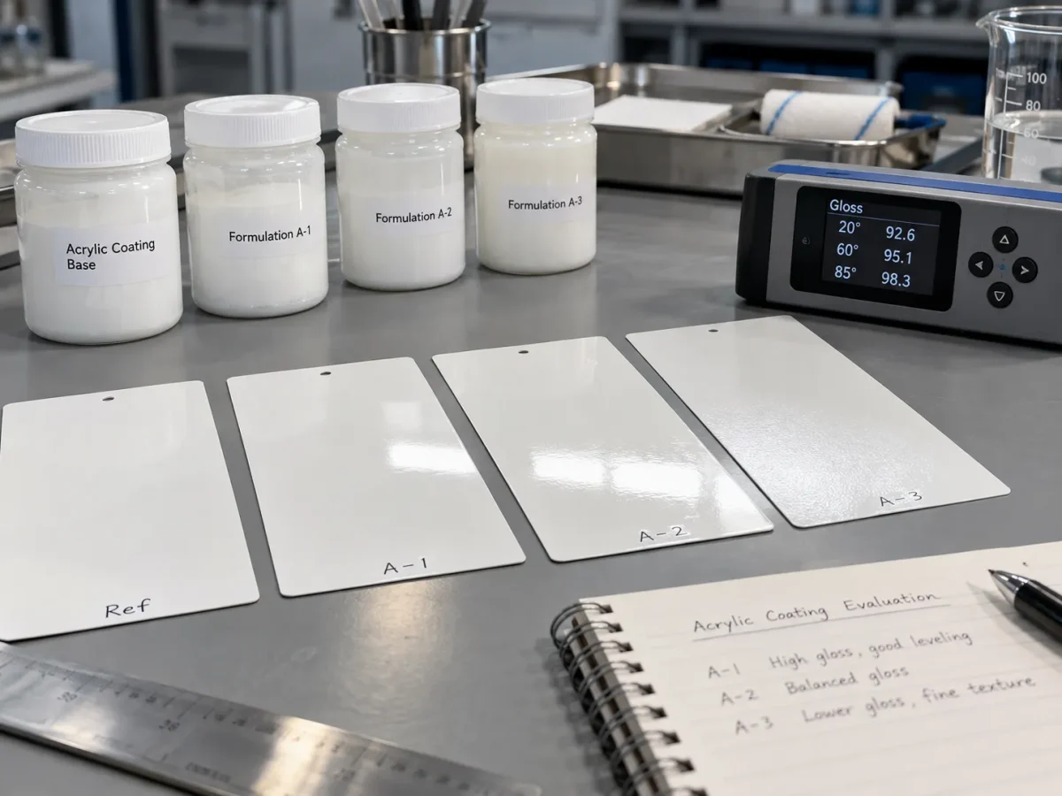 Acrylic coating formulation samples and gloss testing during reverse engineering analysis