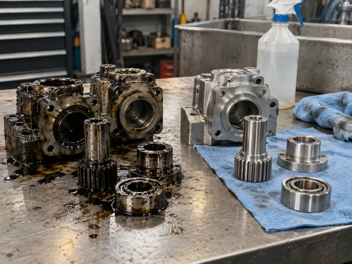 Before and after comparison of industrial parts after degreasing