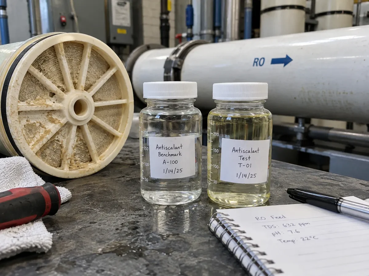 Benchmark and test antiscalant samples compared during reverse osmosis formulation analysis