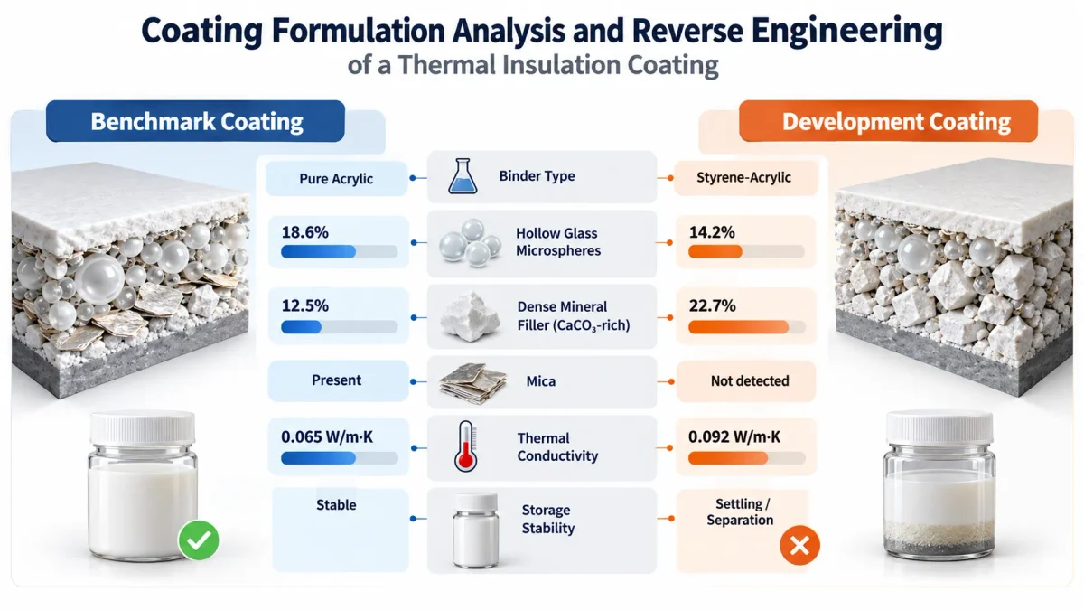 Coating formulation analysis comparing benchmark and development thermal insulation coatings