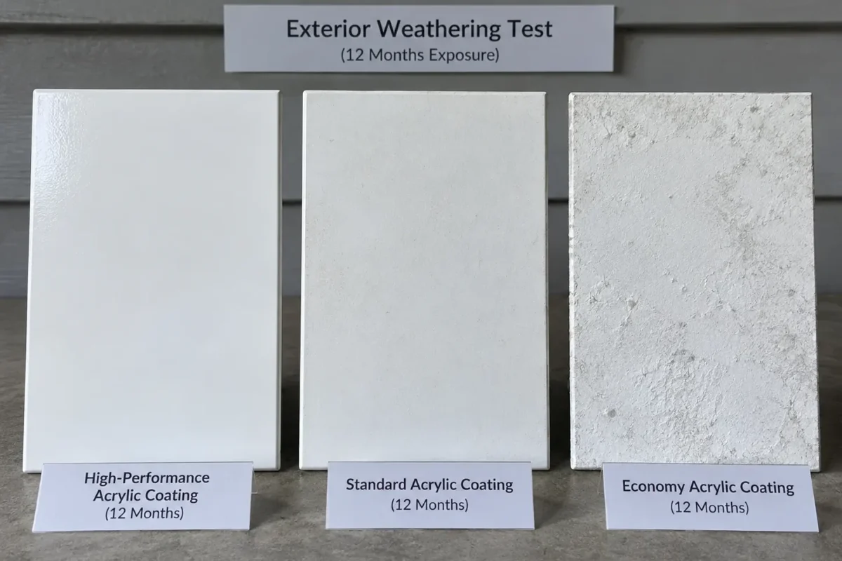 Comparison of acrylic coating weathering performance showing gloss retention and surface chalking