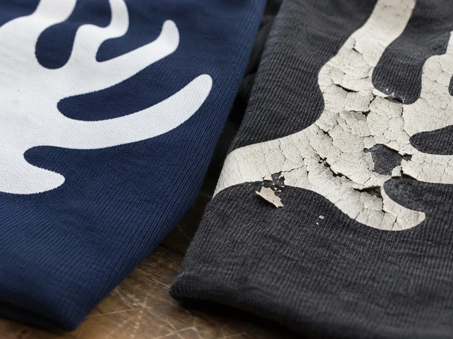 Comparison of durable and cracked screen printed fabric after aging