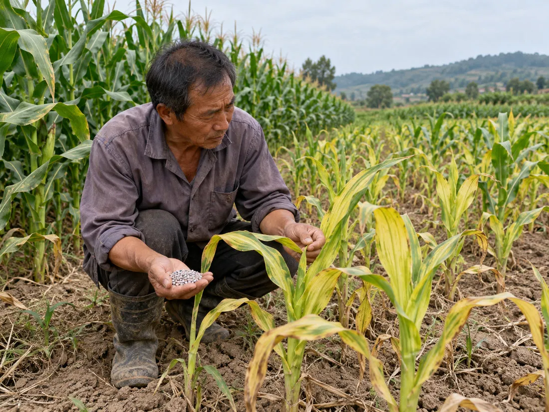 Corn field showing nutrient deficiency symptoms investigated through fertilizer quality testing