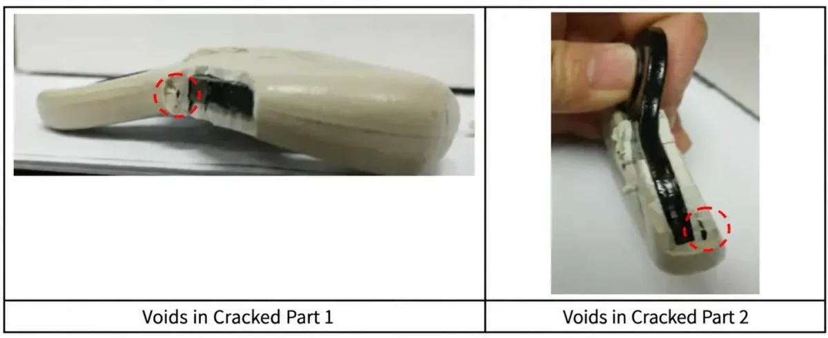 Internal voids found in the cracked injection molded part