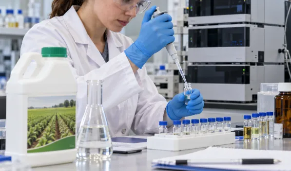 Pesticide formulation analysis laboratory preparing samples for HPLC active ingredient testing