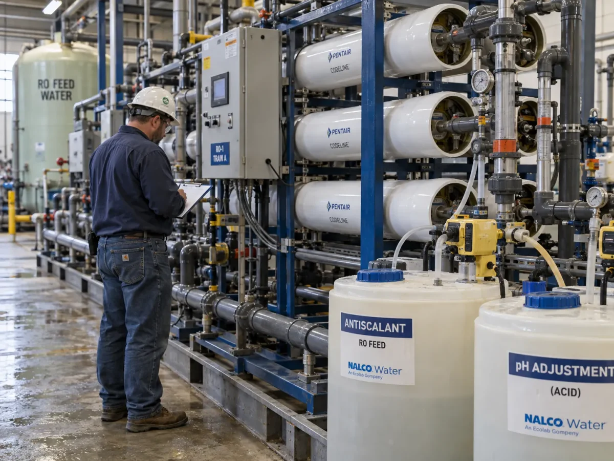 Reverse osmosis water treatment system using antiscalant chemicals for scale control