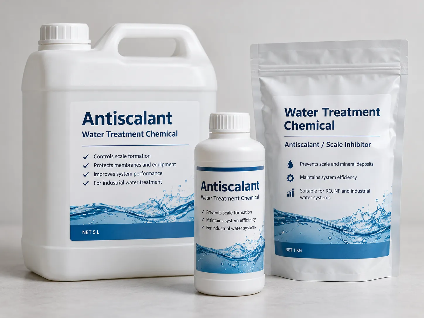 Water treatment chemicals and antiscalant products for chemical analysis and formulation testing